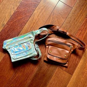 EUC Lot of 2 Faux Leather Fanny Packs / Hip Bags Iridescent and Warm Leather